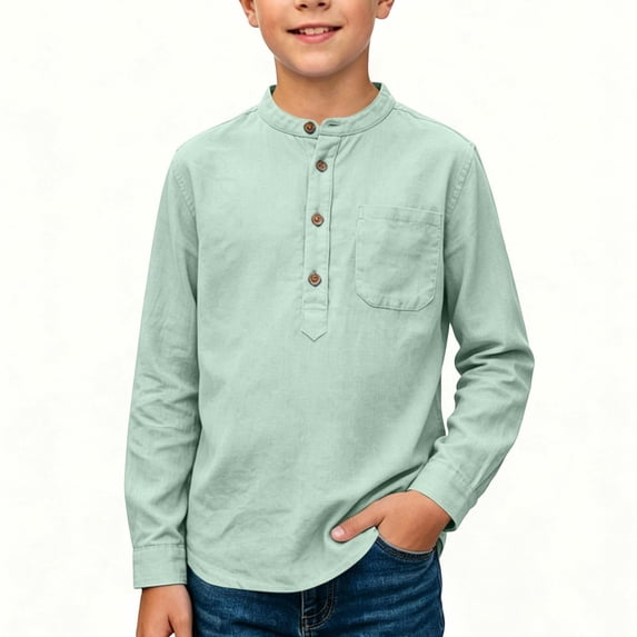 BXJX Boys Long Sleeve Shirts, Henley Neck Button Down Spring Fall Cotton Linen Kids Tops with Pocket Green Size 7-8 T