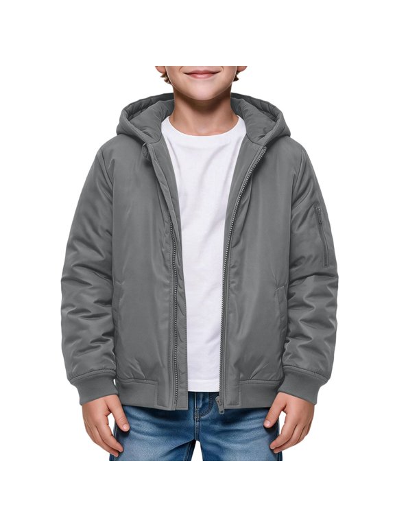 Boys Puffer Jackets, Zip up Warm Hood Windproof Outerwear with Pockets Gray Size 8-10 T