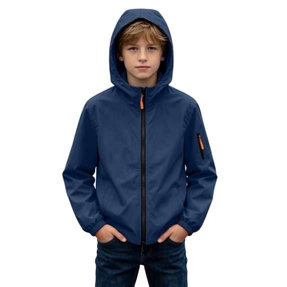 BXJX Boys Rain Jackets, Full Zip Water Resistant Windproof Hooded Windbreaker with Pockets Navy Size 14-15 T