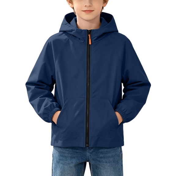 BXJX Boys Rain Jackets Size 10-12, Windproof Zip up Hooded Water Resistant Windbreaker with Pockets Navy