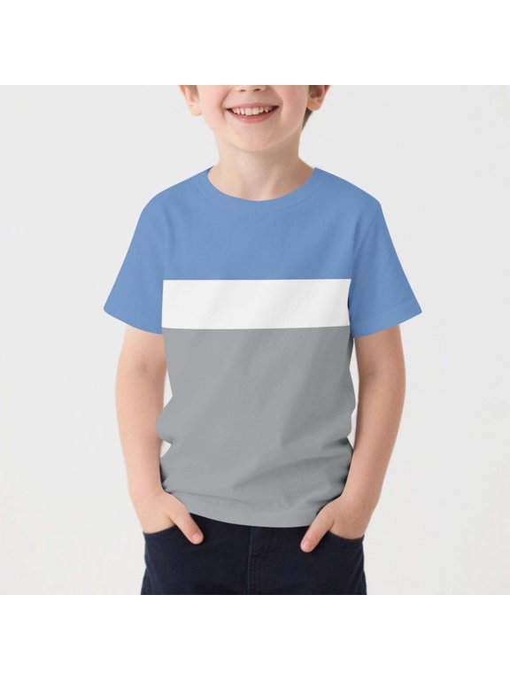 Boys Summer T-Shirts, Casual Short Sleeves Color Block Crew Neck Tees for Kids Light Blue Size 12-13T