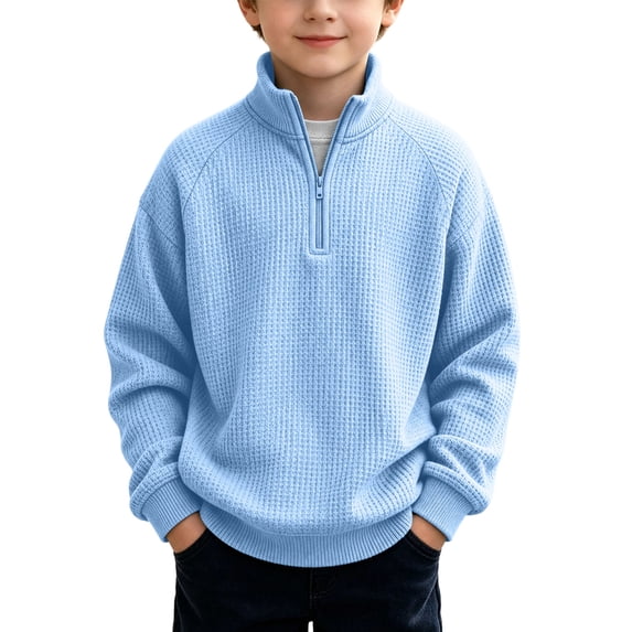 BXJX Boys Sweatshirts with Half Zip, Waffle Knit Long Sleeve School Stand up Collar Pullover Tops Light Blue Size 5-6 T