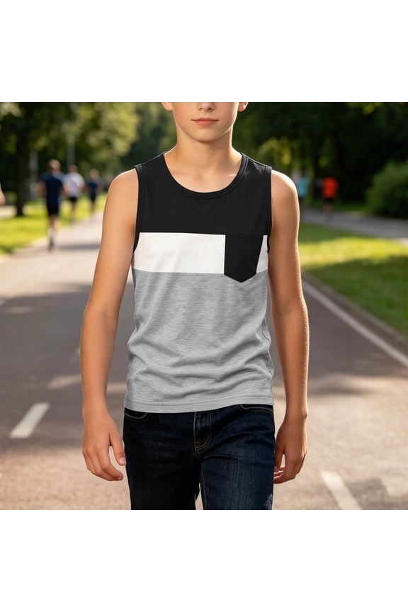 Boys Tank Tops with Pocket, Color Block Casual Summer Crew Neck Kids Sleeveless T-Shirts Black Size 13-14 T