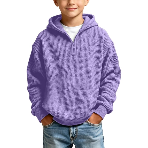 BXJX Boys Zip up Hoodies, Waffle Knit Fall Outdoor Long Sleeve Sweatshirts with Pockets Purple Size 5-6 T