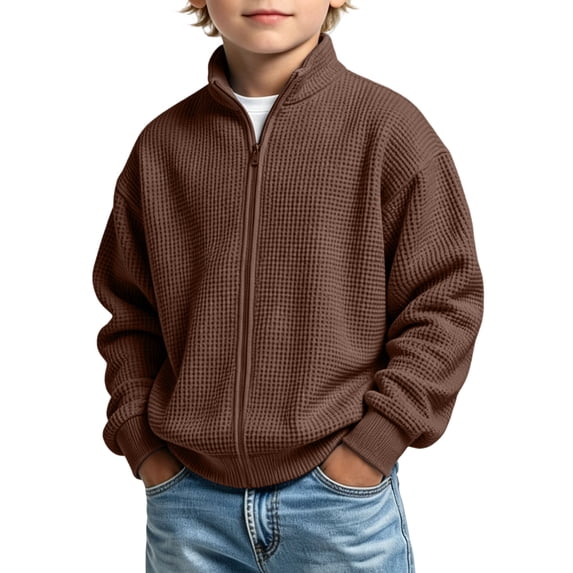 BXJX Boys Zip up Sweatshirts, Long Sleeve Casual Stand up Collar Waffle Knit Jackets for Spring Fall Brown Size 7-8 T