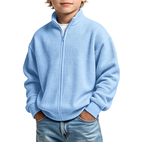 BXJX Boys Zip up Sweatshirts Size 10-12 T, Stand up Collar Waffle Knit Casual Long Sleeve Jackets for Spring Fall Light Blue