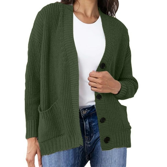 BXJX Cardigans for Women Solid Color Winter Fall Knitted Lightweight Button Up with Pockets Mid-Length Long Sleeve Short Open Front Cardigan Army Green Size XL