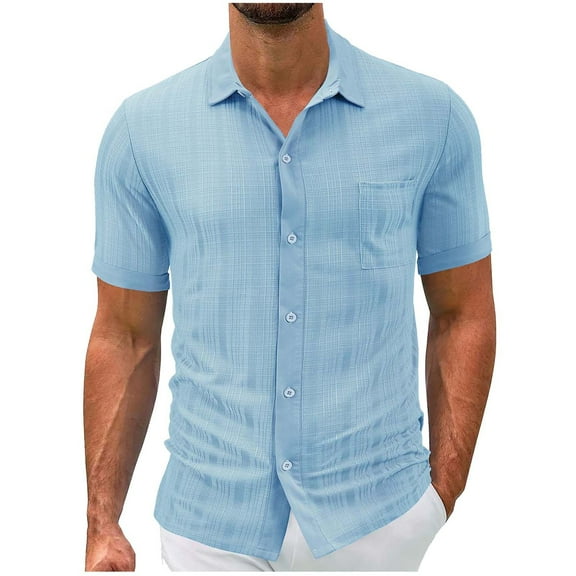 Fnooota Cotton Linen Shirts for Men, Vacation Colored Casual Short Sleeve Button Down Shirts Sky Blue Size 2XL