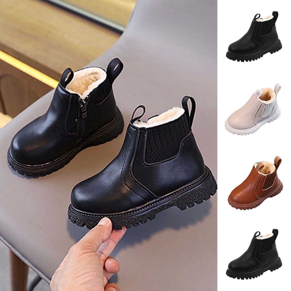 BXJX Girls Ankle Boots, Fleece Lined Warm Slip-Resistant Round Toe Kids Short Boots Black Size 13 Little Kids