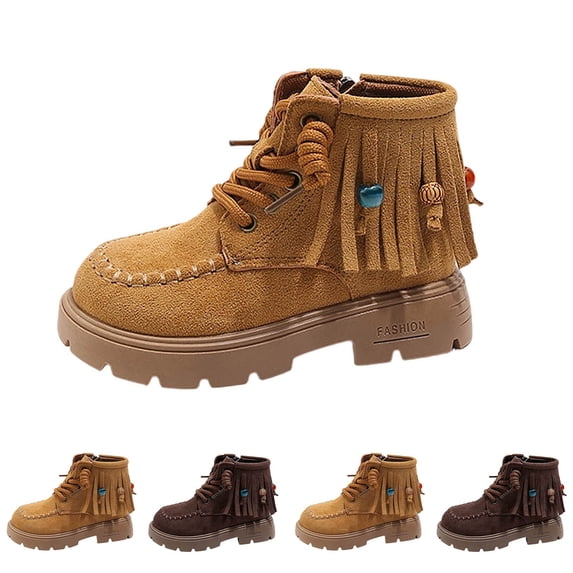 BXJX Girls Ankle Boots, Soft Sole Side Zipper Non-Slip Fashion Lace Up Boots for Fall Winter Khaki Size 12 Little Kids