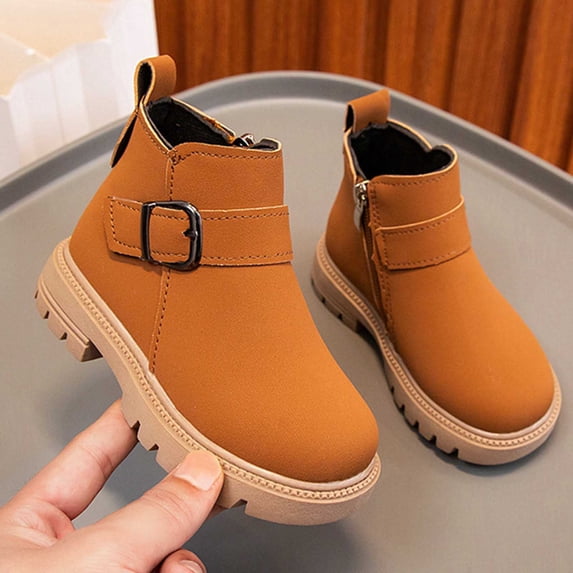 BXJX Girls Ankle Boots, Thick Sole Fleece Lined Side Zipper Non-Slip Fall Winter Boots Brown Size 12.5 Little Kids