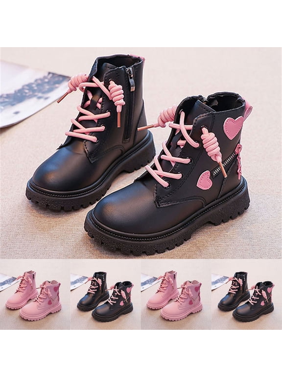 Girls Ankle Boots with Zipper, Cute Fall Winter Soft Sole Non-Slip Lace Up Boots Black Size 2 Big Kids
