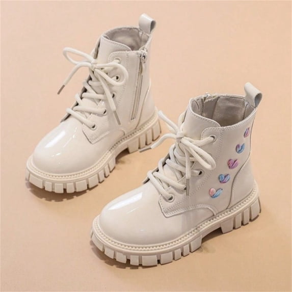 BXJX Girls Ankle Boots with Zipper, Slip-Resistant Fall Winter Casual Soft Sole Lace Up Boots Beige Size 12 Little Kids