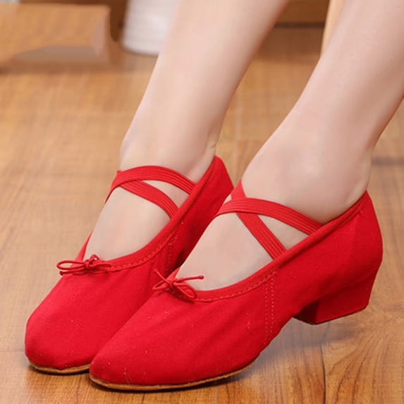 BXJX Girls Ballet Shoes, Non-slip Low Heel Soft-sole Breathable Canvas Kids Dance Shoes with Strap Red Size 12.5(Little Kids)