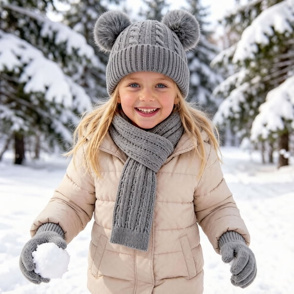 BXJX Girls Beanie Scarf Gloves Winter Sets, 3 Pack Warm Knitted Outdoor Winter Warm Accessories Gray Size 3-12 T