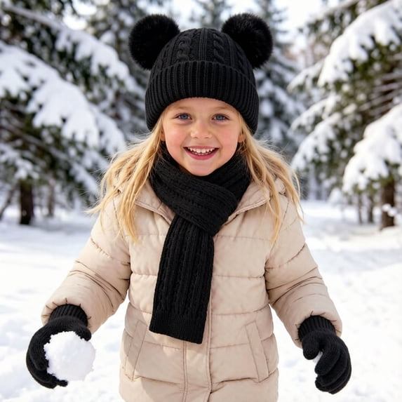 BXJX Girls Beanie Scarf Gloves Winter Sets, Warm Outdoor Knitted 3 Pack Winter Warm Accessories Black Size 3-12 T