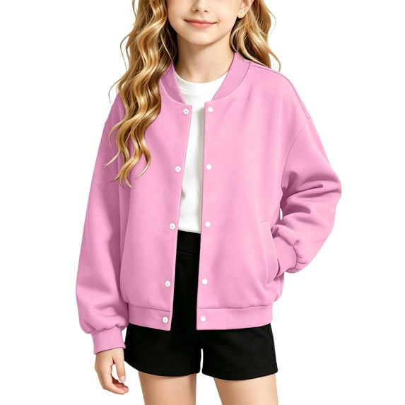 BXJX Girls Bomber Jackets, School Fleece Lined Snap‑Button Long Sleeve Outerwear for Spring Fall Pink Size 10-11 T