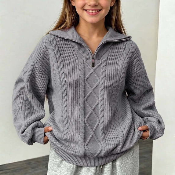 BXJX Girls Cable Knit Sweaters, Half Zip School Lapel Collar Long Sleeve Fall Pullover Tops Gray Size 14-15 T