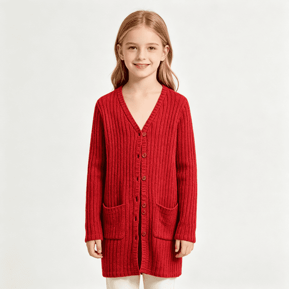 BXJX Girls Cardigan Sweaters, Button Down Knit Mid-length Long Sleeve Fall Cardigans with Pockets Red Size 9-10 T