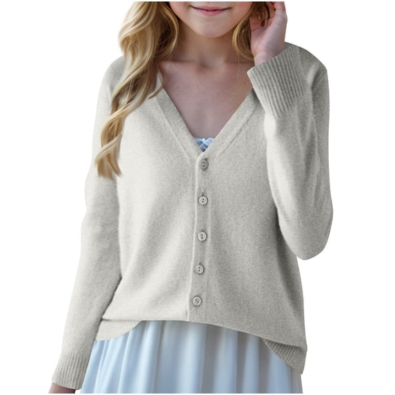 BXJX Girls Cardigan Sweaters, Casual V Neck Button Down Long Sleeve Fall Knit Layering Tops Gray Size 6-7 T