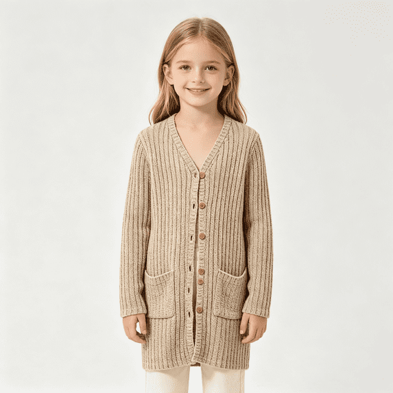 BXJX Girls Cardigan Sweaters, Knit Button Down Long Sleeve Mid-length Fall Cardigans with Pockets Khaki Size 15-16 T