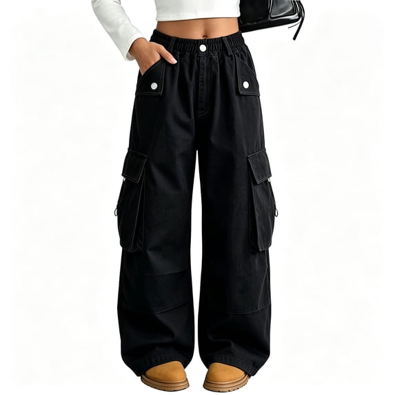 BXJX Girls Cargo Pants, Multi Pocket Spring Fall Outdoor Elastic Waist Kids Wide‑Leg Trousers Black Size 5-6 T