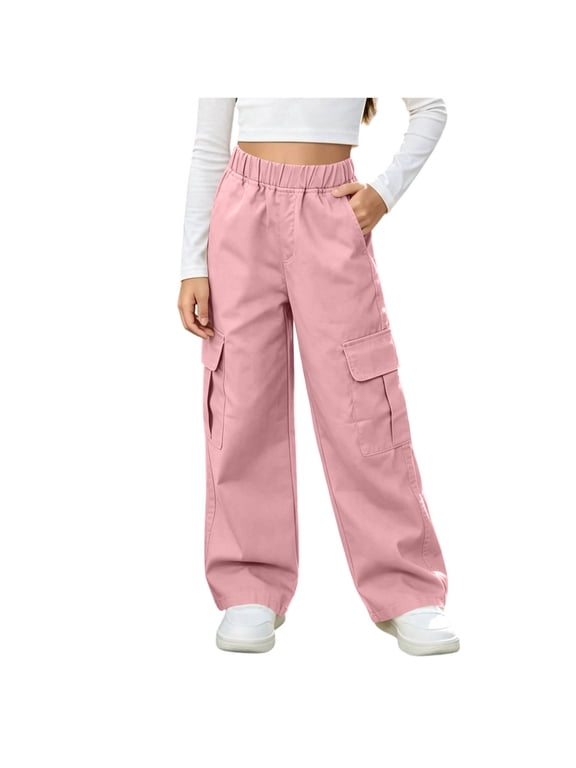 Girls Cargo Pants Size 10-12, Casual Elastic Waist Wide Leg Multi‑Pocket Fall Outdoor Pants Pink