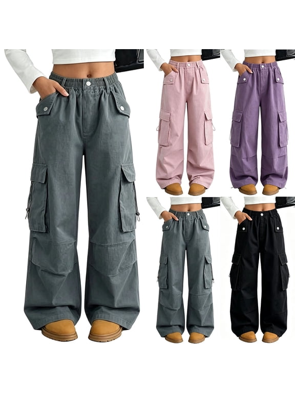 Girls Cargo Pants Size 10-12, Outdoor Multi Pocket Elastic Waist Spring Fall Kids Wide‑Leg Trousers