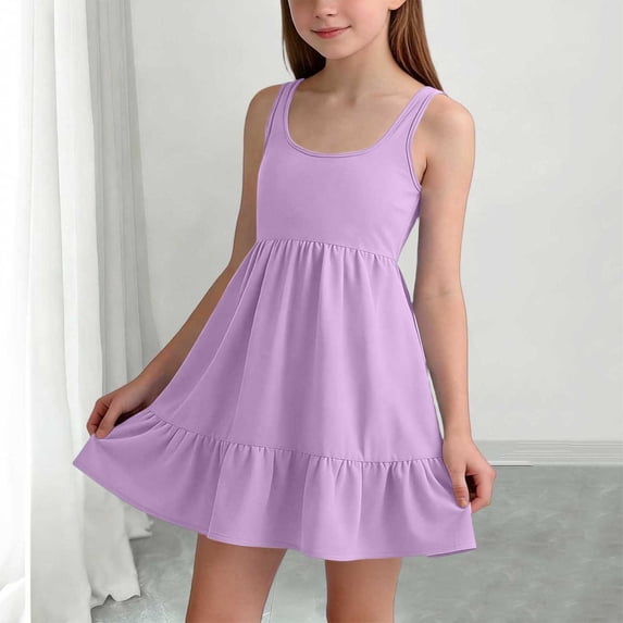 BXJX Girls Casual Dresses, Mid-length Party Sleeveless Ruffled Kids Summer Dresses Purple Size 9-10 T