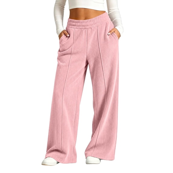 BXJX Girls Corduroy Pants, Elastic Waist Wide‑Leg Fall Fashion Casual Trousers with Pockets Pink Size 14-15 T