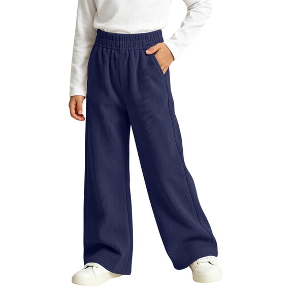BXJX Girls Corduroy Pants, Outdoor Elastic Waist Straight Leg School Kids Casual Pants Navy Size 13-14 T