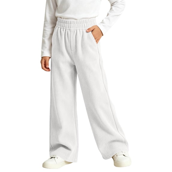 BXJX Girls Corduroy Pants, Outdoor Straight Leg Elastic Waist School Kids Casual Pants White Size 7-8 T