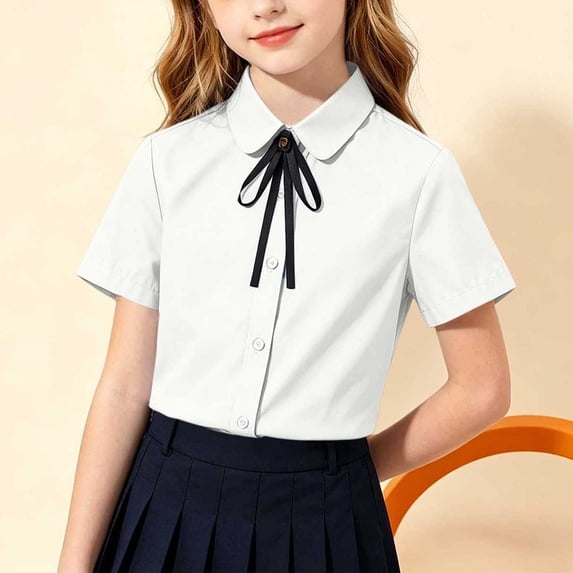 BXJX Girls Cotton Dress Shirts, Short Sleeve Casual Collared Summer Kids School Uniform Shirts White Size 9-10 T