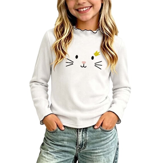 BXJX Girls Cotton Long Sleeve Tops, Crew Neck Ruffle Trim Soft Cute Tops for Spring Fall Beige Size 9-10 T