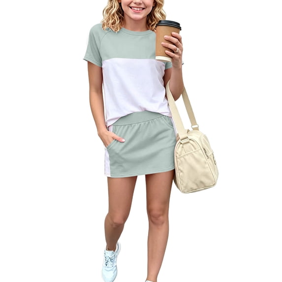 BXJX Girls Cotton Outfit Sets 2 Piece, Crew Neck Short Sleeve Color Block Girls Summer Clothing Sets Green Size 0-1 T