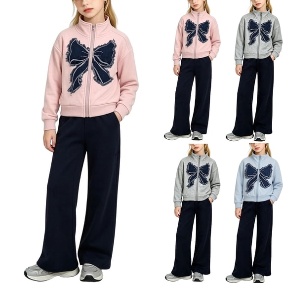 BXJX Girls Cotton Outfit Sets, Long Sleeve Stand-up Collar 2 PC Full Zip Sweatshirts and Sweatpants Sets Pink Size 7-8 T