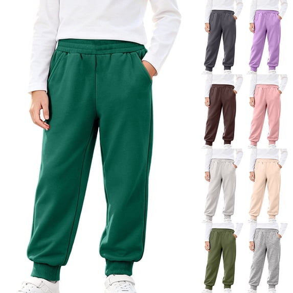 BXJX Girls Cotton Sweatpants Size 6 T, Athletic Elastic Waist School Hiking Jogger Pants with Pockets Green