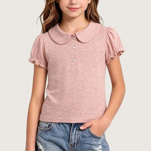 BXJX Girls Cotton T-shirts, Short Sleeve School Peter Pan Collar Casual Kids Tees with Ruffle Watermelon Red Size 2-3 T