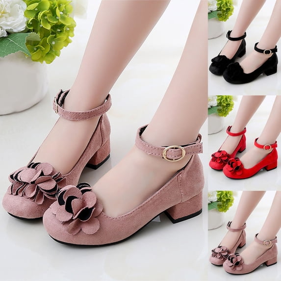 BXJX Girls Dress Shoes Size 13 Little Kids, Non Slip Low Heel Wedding Kids Princess Shoes with Ankle Strap Pink
