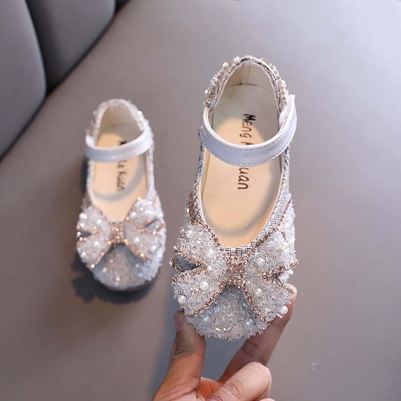 BXJX Girls Dress Shoes, Slip-Resistant Performance Adjustable Strap Flat Heel Kids Princess Shoes Beige Size 9.5 Little Kids