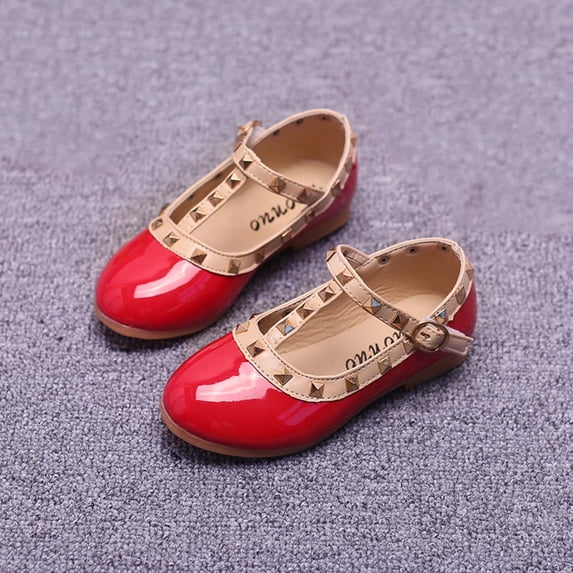 BXJX Girls Dress Shoes, Summer Flat Heel Adjustable Strap Slip-Resistant Kids Princess Shoes Red Size 11 Little Kids
