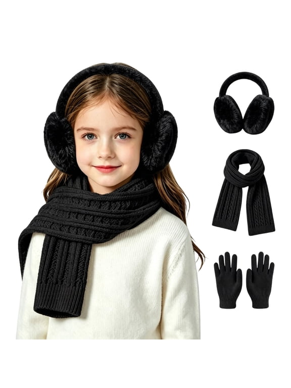 Girls Earmuffs,Scarf and Gloves Sets, 3 Piece Outdoor Knitted Skiing Winter Warm Accessories Black Size 3-12 T