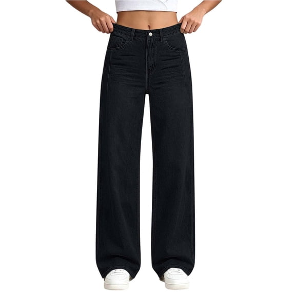 BXJX Girls Faux Denim Pants, Casual School High Waist Straight Leg Kids Trousers with Pockets Black Size 7-8 T