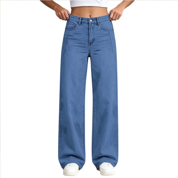 BXJX Girls Faux Denim Pants, Casual School Straight Leg High Waist Kids Trousers with Pockets Blue Size 11-12 T