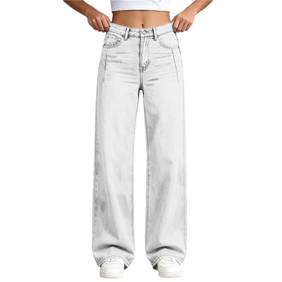 BXJX Girls Faux Denim Pants, Casual Straight Leg High Waist School Kids Trousers with Pockets White Size 9-10 T
