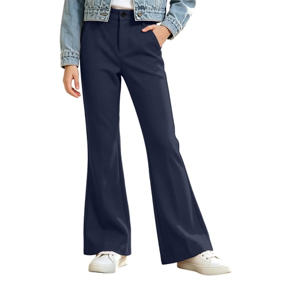 BXJX Girls Flare Pants, Side Pockets Fall Fashion Zip-Button Kids Casual Trousers Dark Blue Size 9-10 T