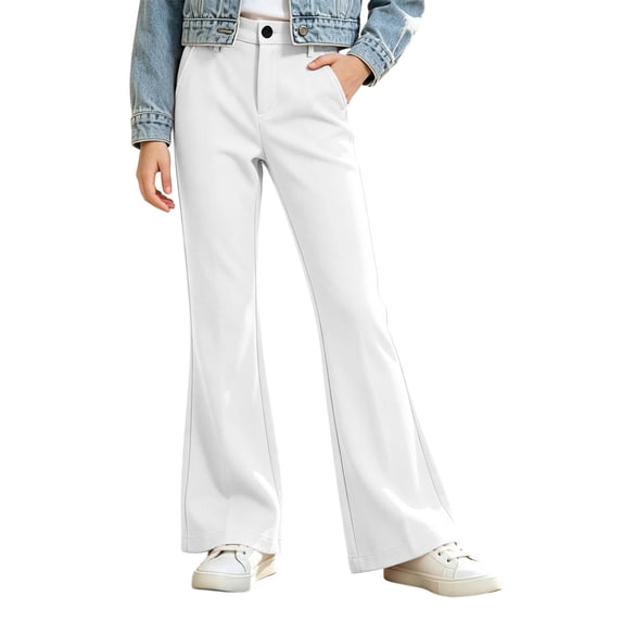 BXJX Girls Flare Pants, Side Pockets Fall Fashion Zip-Button Kids Casual Trousers White Size 5-6 T