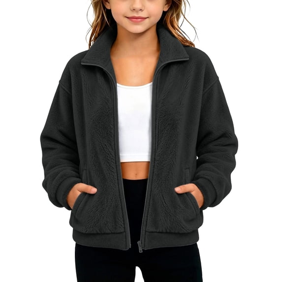 BXJX Girls Fleece Jackets, Long Sleeve Casual Stand Collar Zip‑Up Outerwear with Pockets Black Size 12-13 T