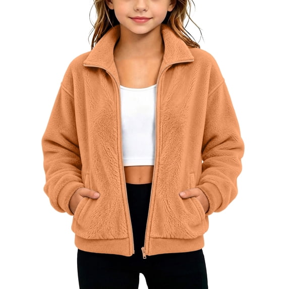 BXJX Girls Fleece Jackets, Long Sleeve Stand Collar Zip‑Up Casual Outerwear with Pockets Khaki Size 12-13 T