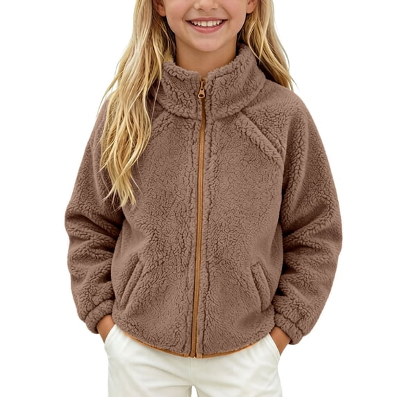 BXJX Girls Fleece Jackets, Long Sleeve Zipper Stand-up Collar Thermal Fall Outerwear with Pockets Khaki Size 2-3 T